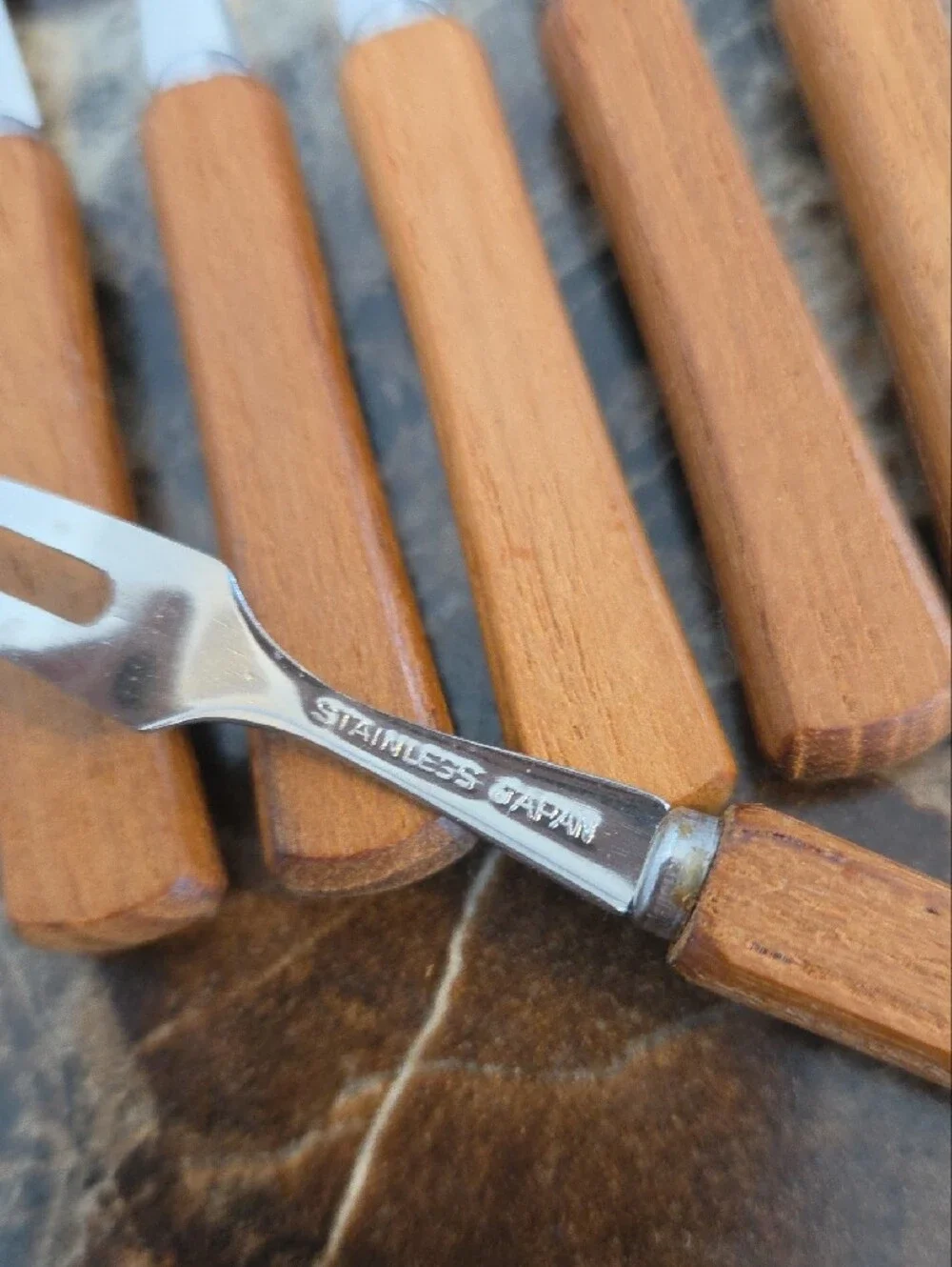 ​Vintage MCM Teak Wood Cocktail Appetizer Forks Set of 6 Stainless Japan Boxed